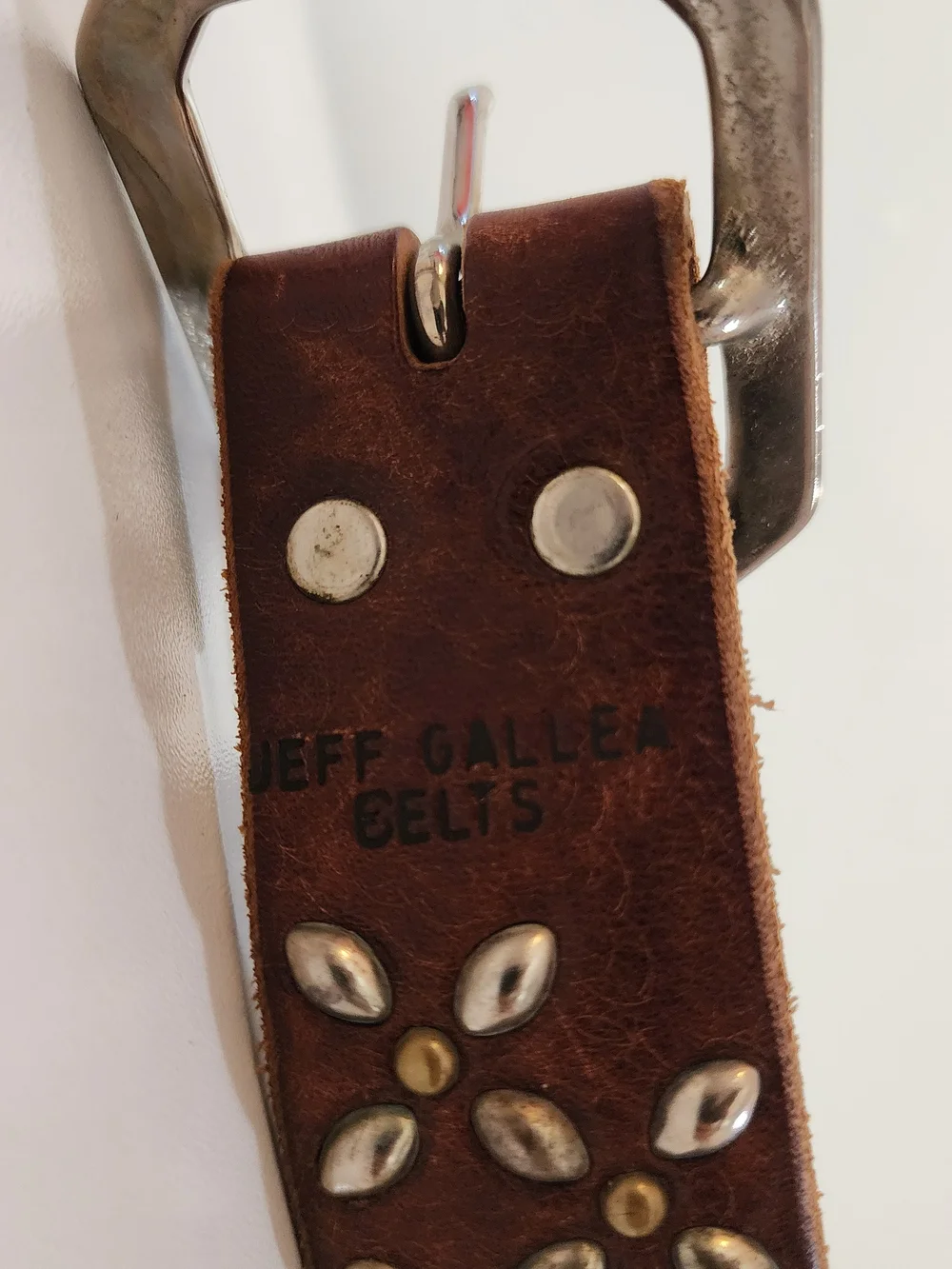 Brown Studded Leather Belt with Floral Metal Accents